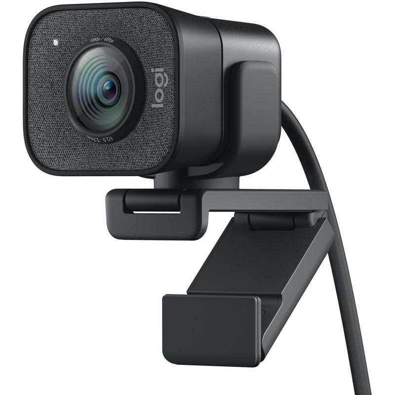 Logitech StreamCam Plus webcam in graphite color with fabric texture front panel and adjustable monitor mount