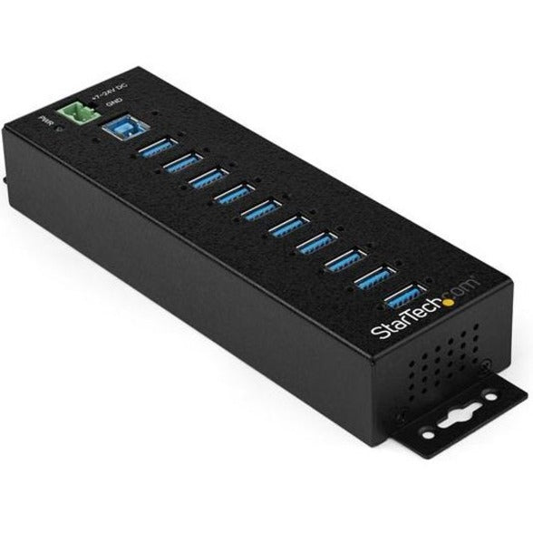 StarTech.com 10-port industrial USB 3.0 hub in horizontal orientation showing multiple USB ports and mounting bracket