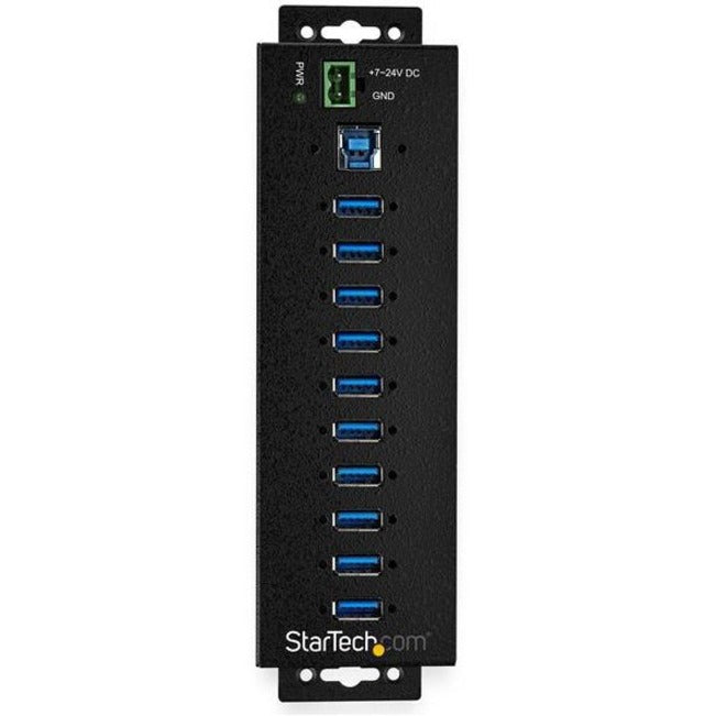 Vertical view of StarTech.com industrial USB hub showing 10 USB ports and power terminal block