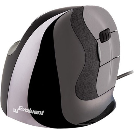 Side view of Evoluent vertical mouse showing ergonomic design with black and silver finish