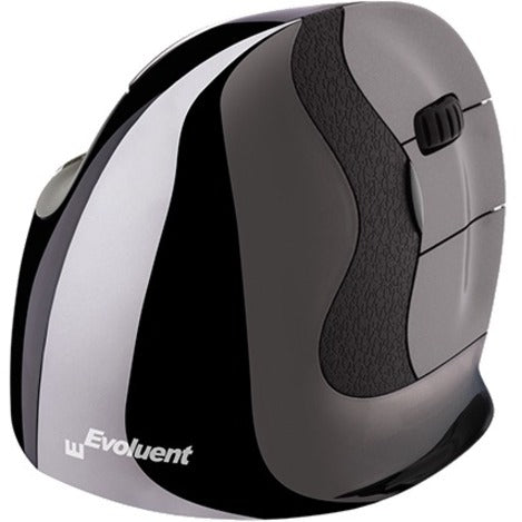 Side view of Evoluent VerticalMouse D showing vertical ergonomic design in black and silver finish