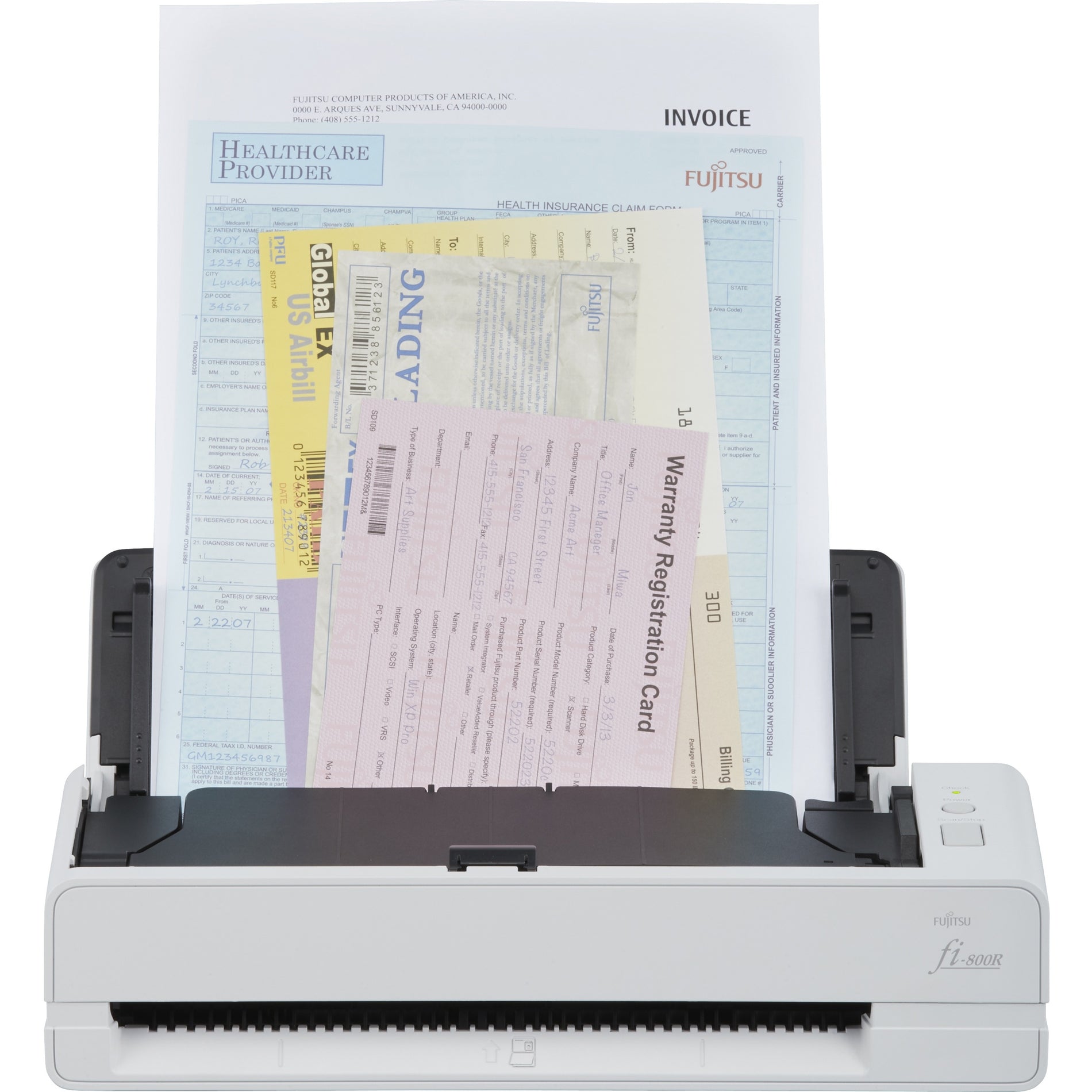 Fujitsu fi-800R scanner processing multiple healthcare documents including insurance claims and medical forms-alternate-image1