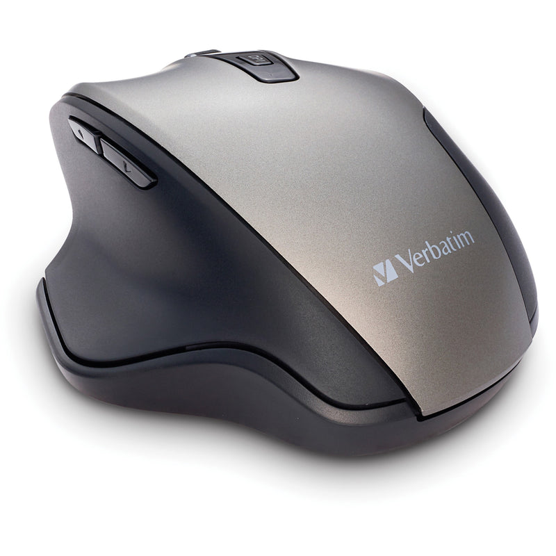 Verbatim Silent Ergonomic Wireless Mouse in graphite color showing side profile with ergonomic design