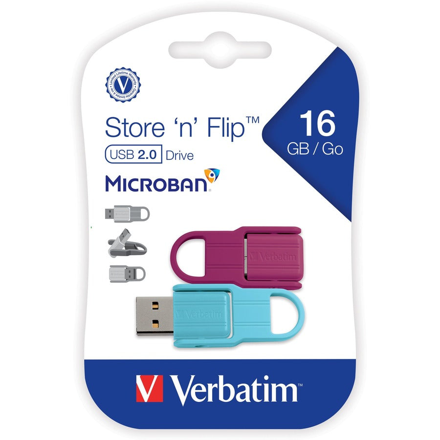 Microban 70377 Store 'n' Flip USB Flash Drive 16GB - 2pk, Berry, Blue