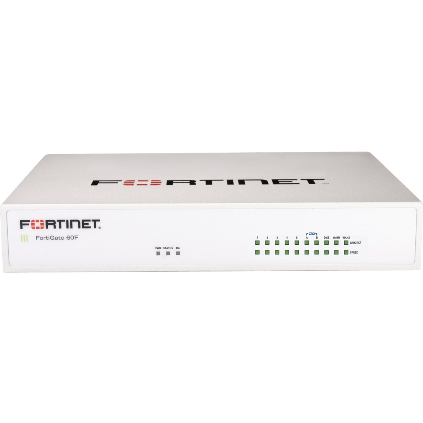 Front view of Fortinet FortiGate 60F security appliance showing white chassis, LED indicators, and 10 Gigabit Ethernet ports-alternate-image1