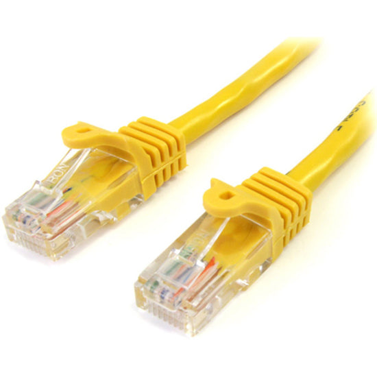 Yellow Cat5e network patch cable with snagless RJ45 connectors showing transparent connector ends and gold-plated contacts