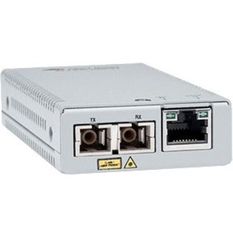 Allied Telesis AT-MMC2000/SC media converter showing SC fiber ports and RJ-45 connector against white background-alternate-image1