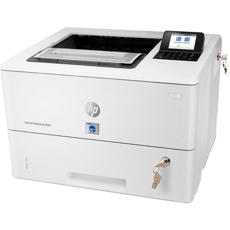 Troy M507dn MICR Secure Printer in white featuring touchscreen display, physical security lock, and professional design