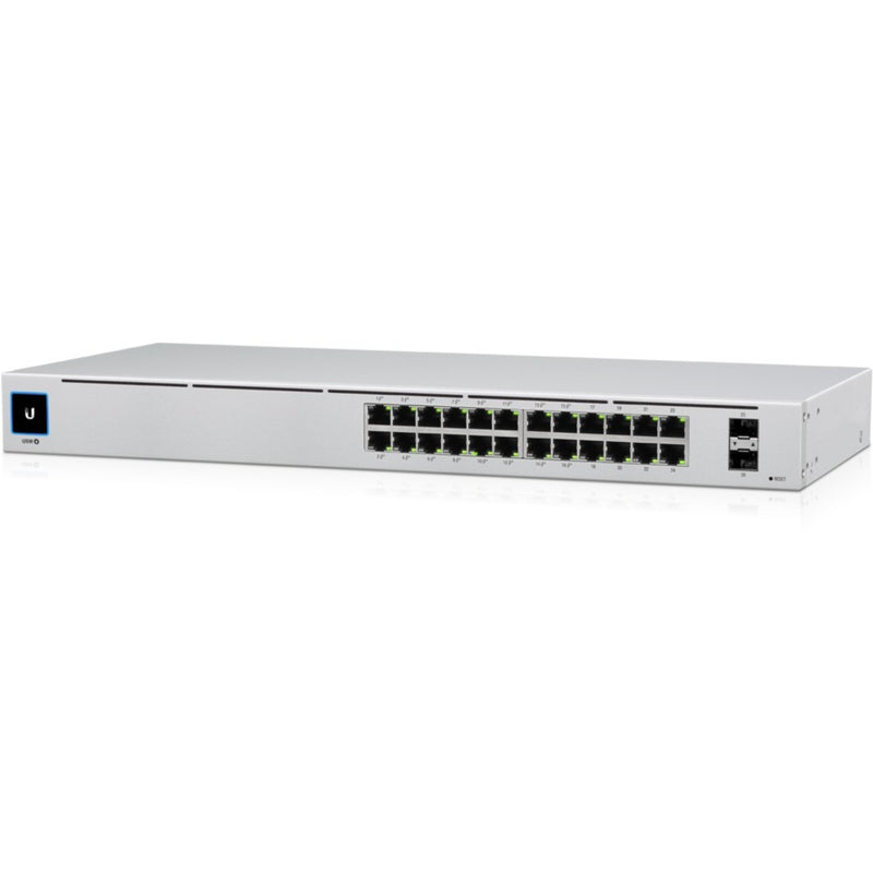 Front view of Ubiquiti UniFi USW-24-POE switch showing 24 Gigabit Ethernet ports with LED indicators and 2 SFP uplink ports