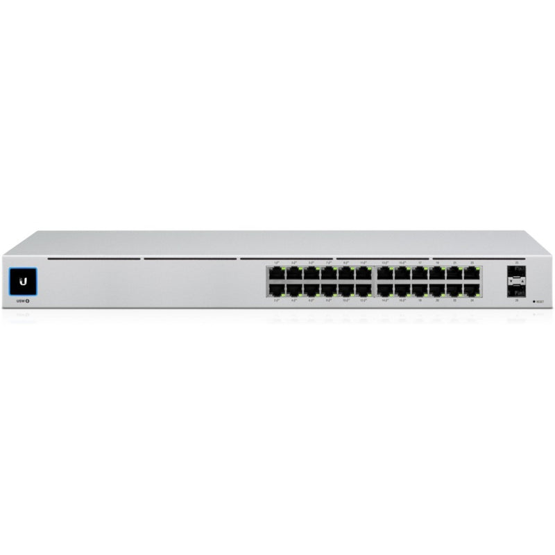 Side profile of UniFi USW-24-POE switch highlighting slim design and port arrangement