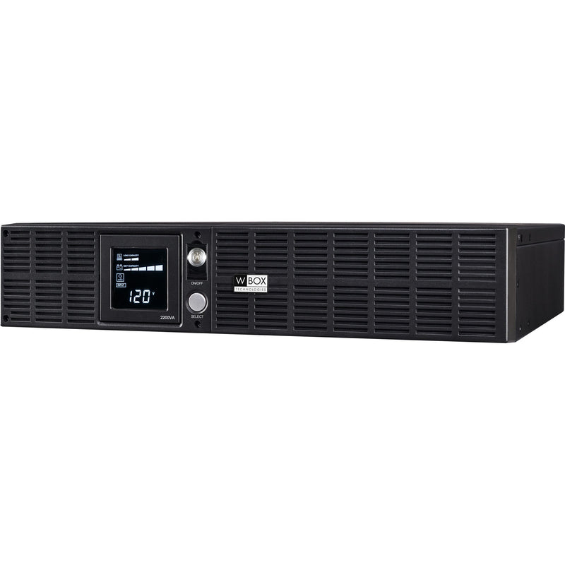 W Box 0E-RCKMT2200 2U rack-mount UPS system with LCD display panel showing 120V output and ventilated black chassis