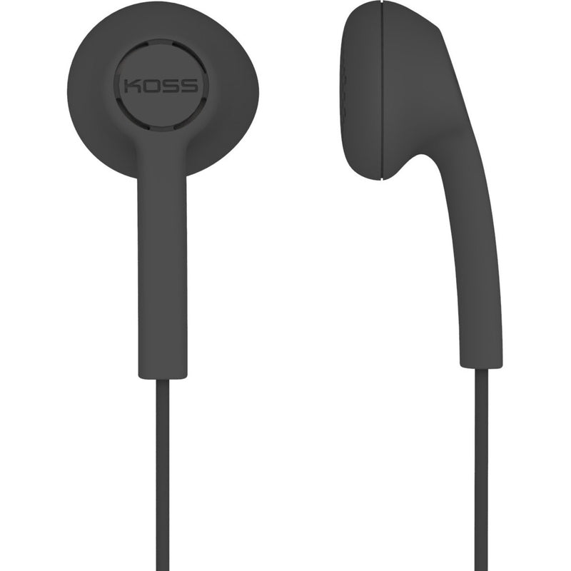 Close-up view of Koss KE5 black earbud design showing contoured shape and branded circular housing