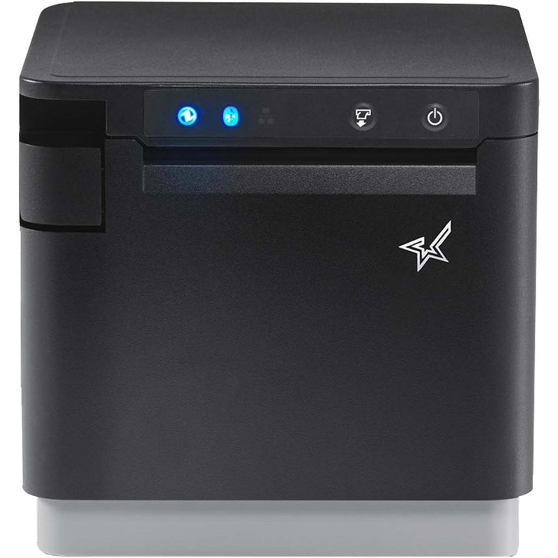 Front view of Star Micronics mC-Print3 thermal printer showing LED status indicators and power button