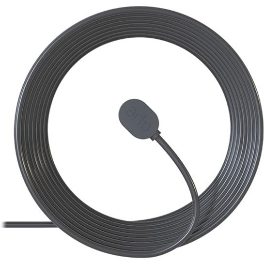 Arlo 25-foot black magnetic charging cable shown in circular coiled formation with magnetic connector end