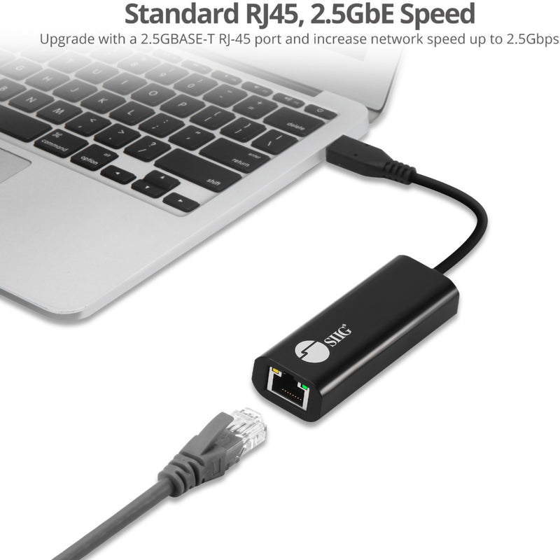 SIIG USB-C to 2.5G Ethernet adapter connected to laptop showing network speed capabilities