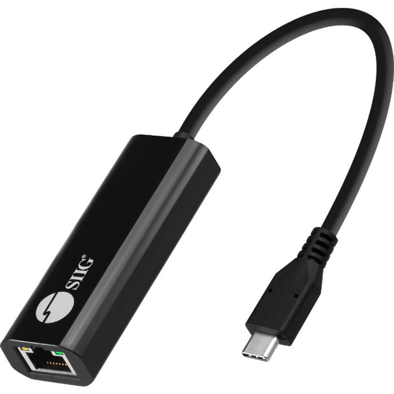 SIIG USB-C to 2.5G Ethernet adapter showing black housing with RJ45 port and USB-C connector