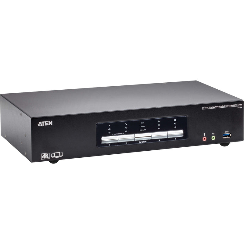 Angled perspective view of ATEN CS1964 KVM switch showing sleek industrial design