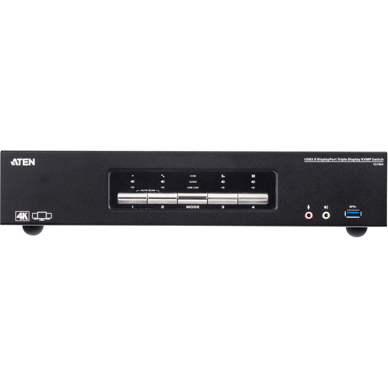 Front view of ATEN CS1964 4-port KVM switch showing control panel with mode buttons and status indicators