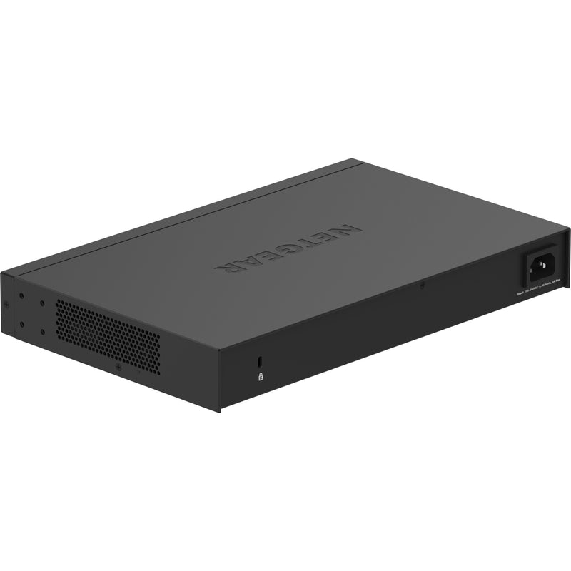 Angled view of NETGEAR GS324P switch emphasizing power input and cooling system