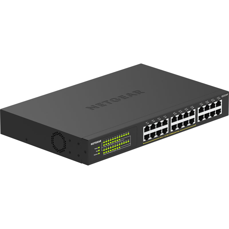 Diagonal view of NETGEAR GS324P switch displaying mounting versatility