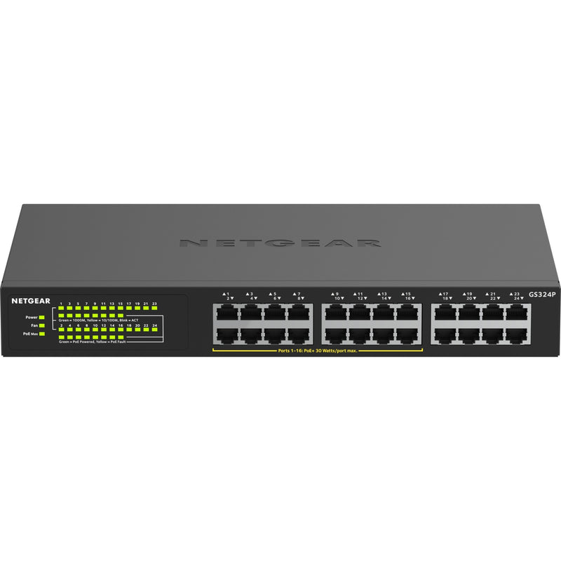 Front view of NETGEAR GS324P 24-port Gigabit Ethernet switch showing LED status indicators and PoE-enabled ports