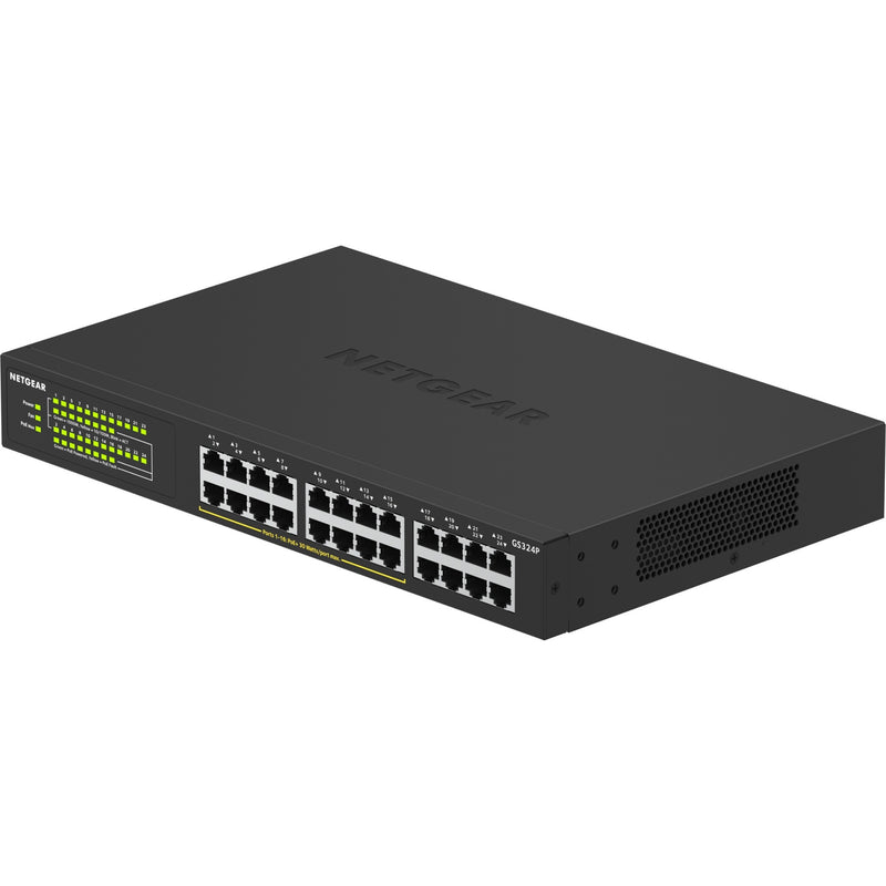 Three-quarter view of NETGEAR GS324P switch showing compact design and port layout