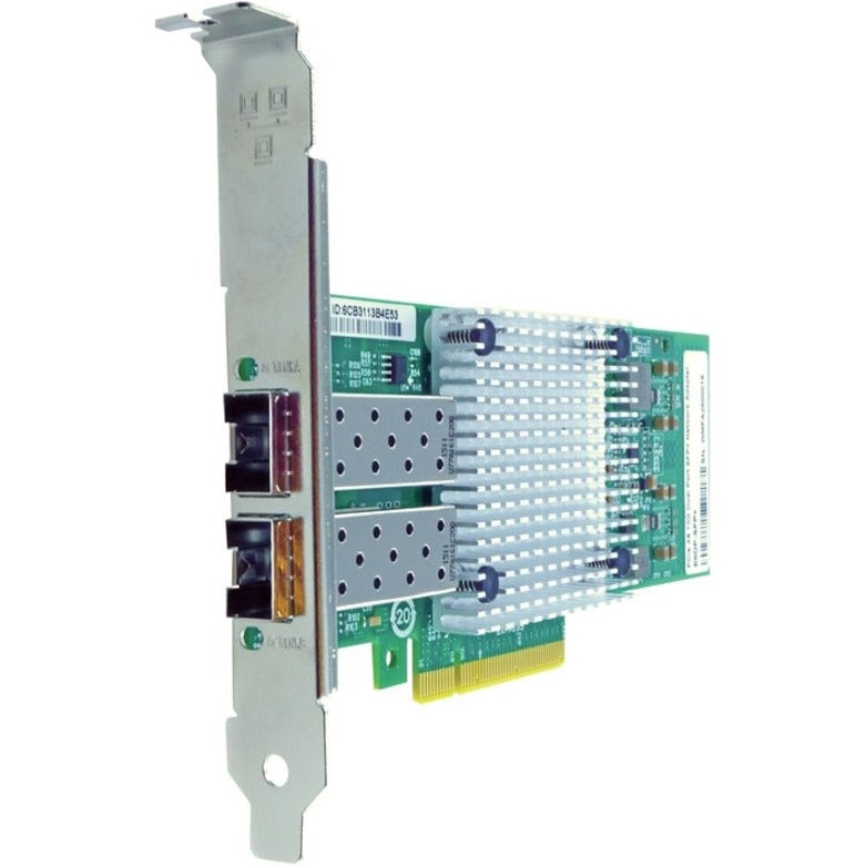 Axiom 10Gbs dual port SFP+ network adapter card showing PCIe interface, aluminum heat sink, and dual optical ports