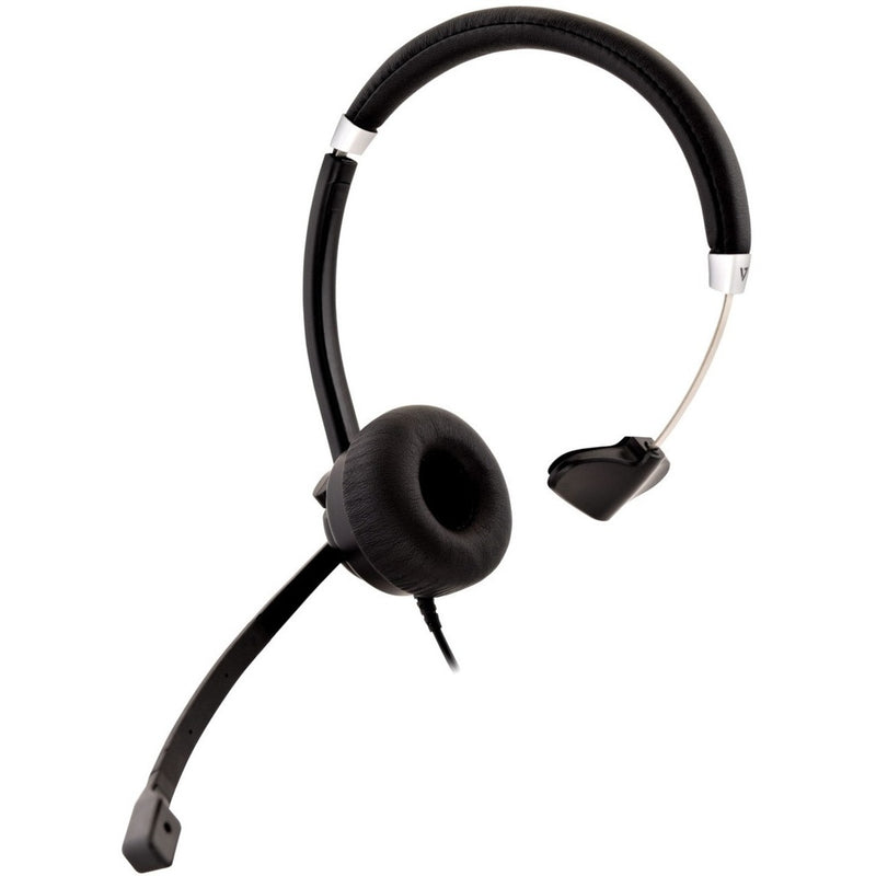 V7 HA401 headset showcasing rotating boom microphone and adjustable headband from diagonal angle