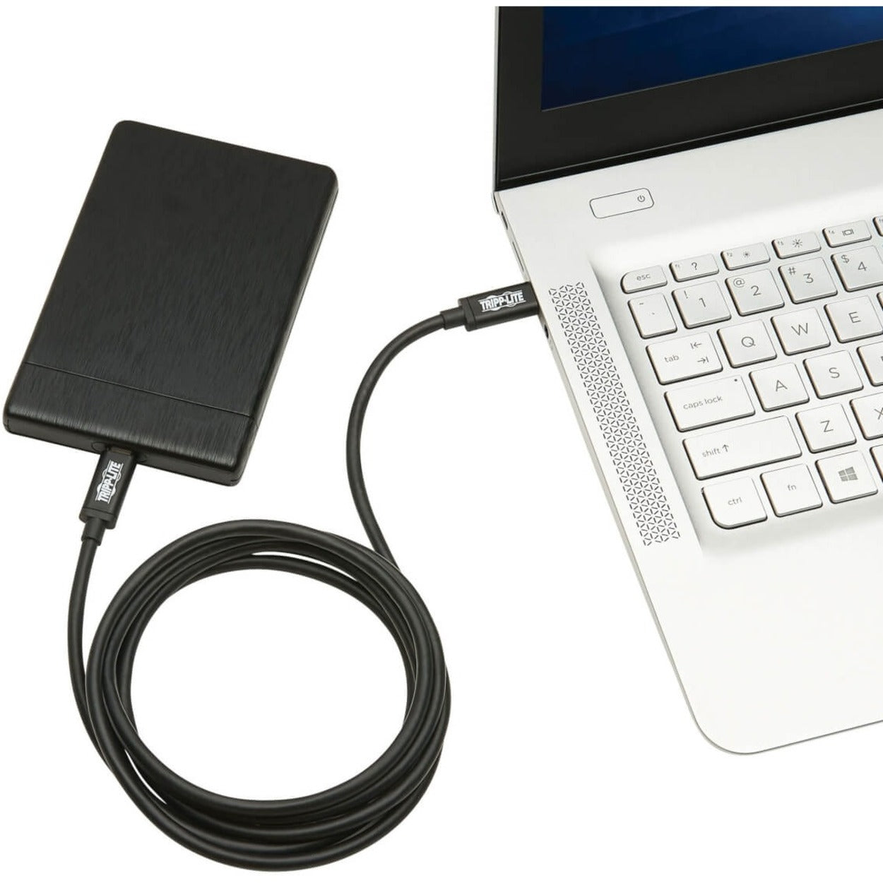 Thunderbolt 3 cable connecting external hard drive to laptop showing practical usage-alternate-image4