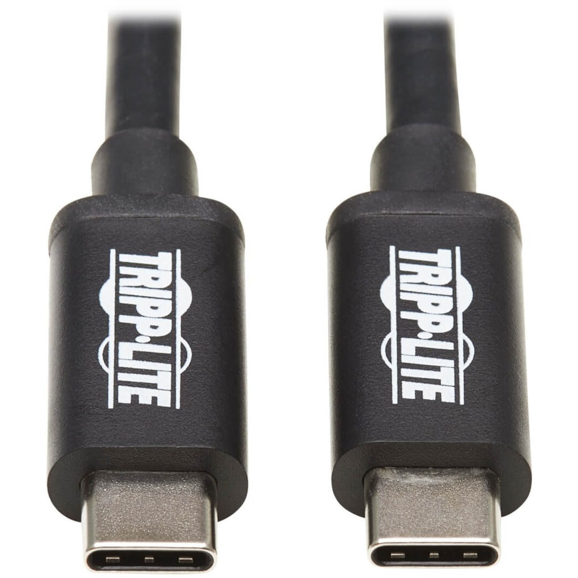 Close-up view of dual Thunderbolt 3 USB-C connectors with Tripp Lite branding on black cable housing-alternate-image1