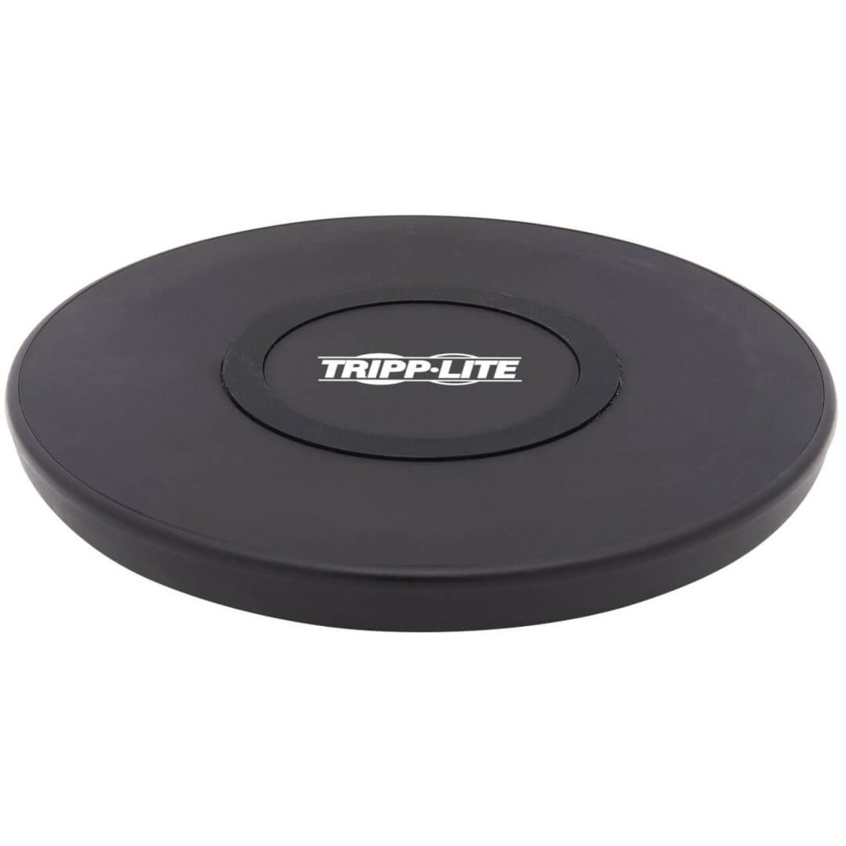 Top view of Tripp Lite U280-Q01FL-BK black wireless charging pad showing brand logo-alternate-image1