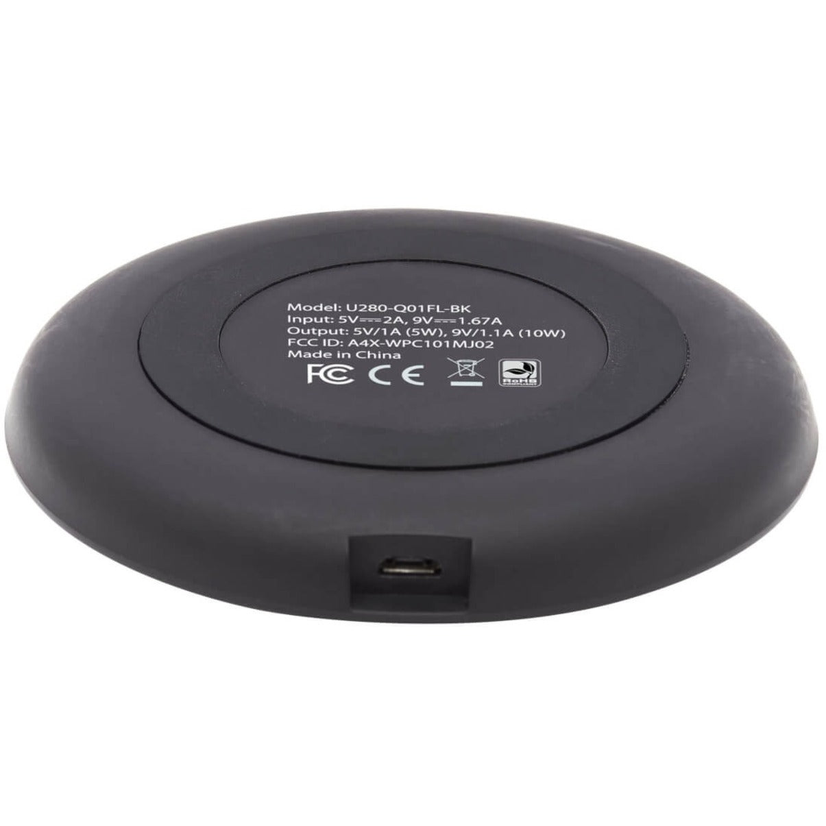 Bottom view of Tripp Lite wireless charger showing technical specifications and certification marks-alternate-image4