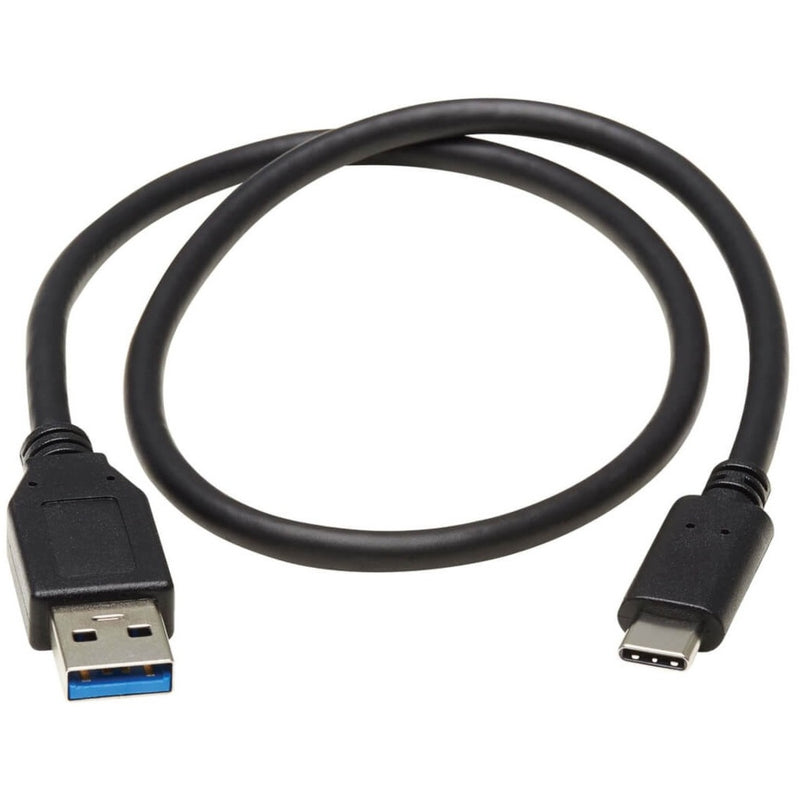 Full length view of the black USB-C to USB-A cable showing flexible design and both connectors