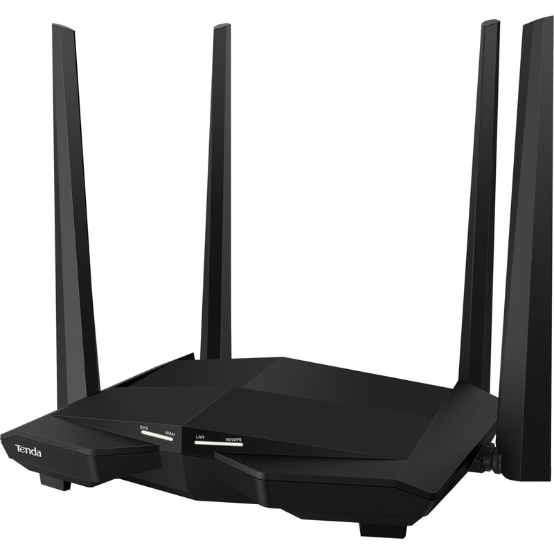 Side view of Tenda AC10 router showing antenna configuration and sleek profile design