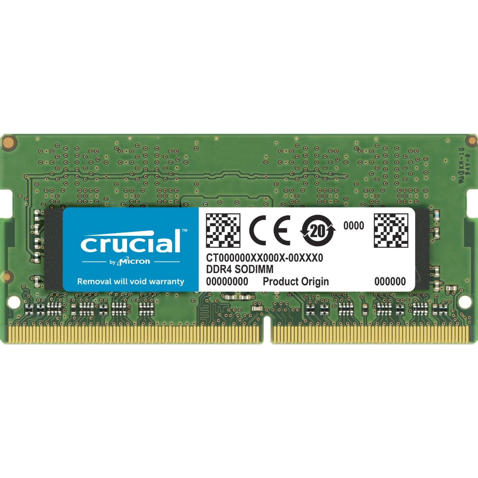 Crucial 32GB DDR4-3200 SODIMM memory module showing green PCB board with blue Crucial branding label and certification markings-alternate-image1