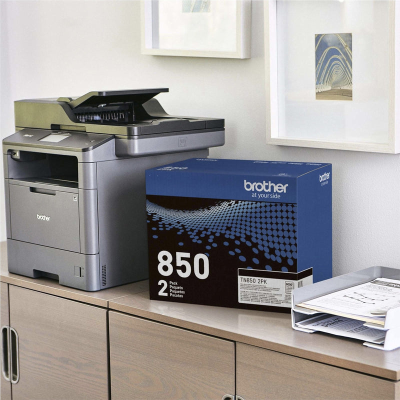 Brother printer and TN850 toner package in office setting with document organizer