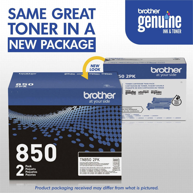 Side-by-side comparison of Brother TN850 2PK old and new packaging designs