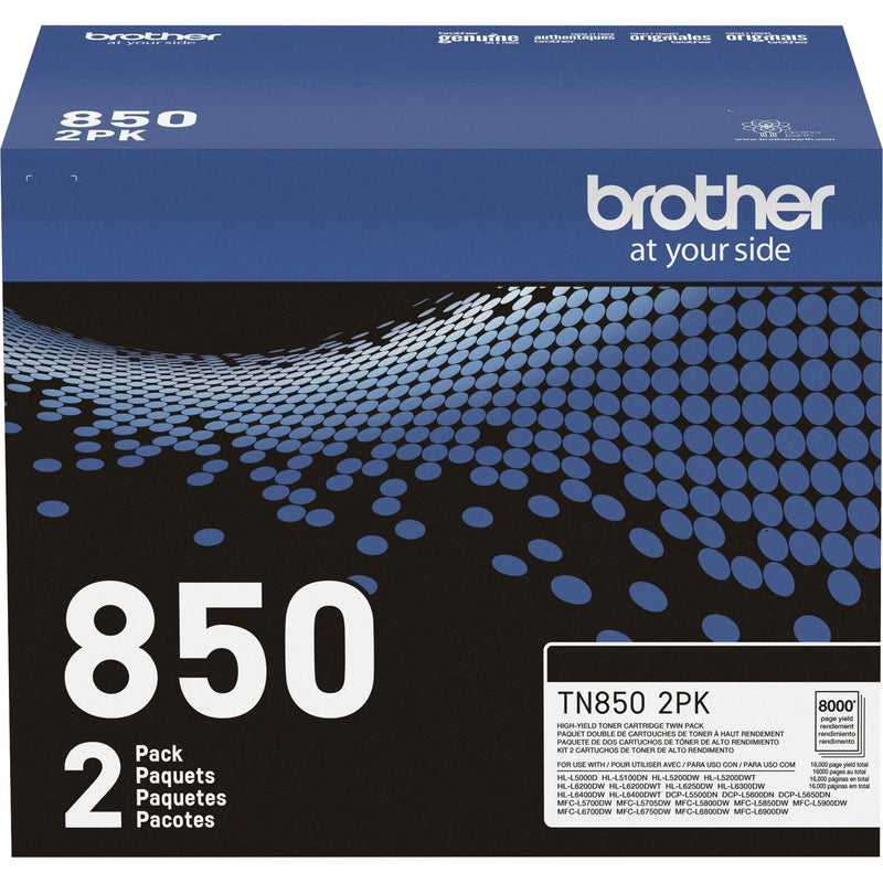 Close-up of Brother TN850 2PK toner cartridge packaging showing design elements