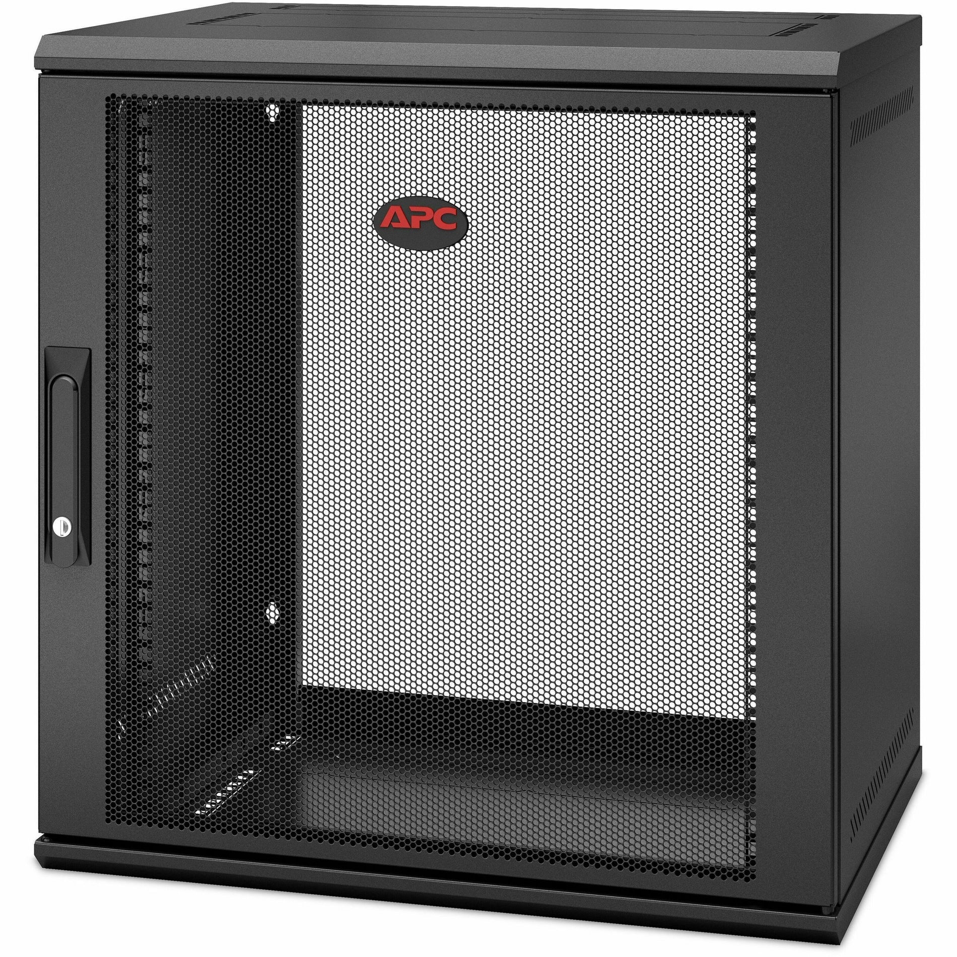 Front view of APC NetShelter WX 12U wall-mount enclosure showing perforated mesh door and secure locking mechanism-alternate-image1