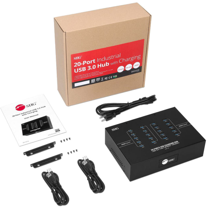 Complete package contents of USB hub including accessories and documentation