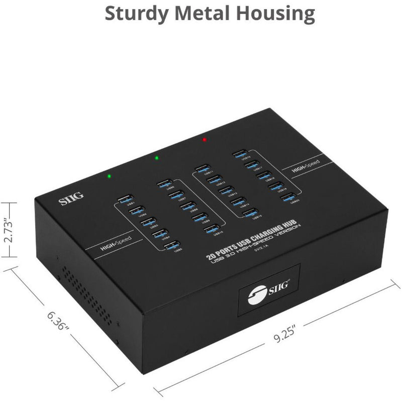 Dimensional view of USB hub showing compact industrial design with measurements