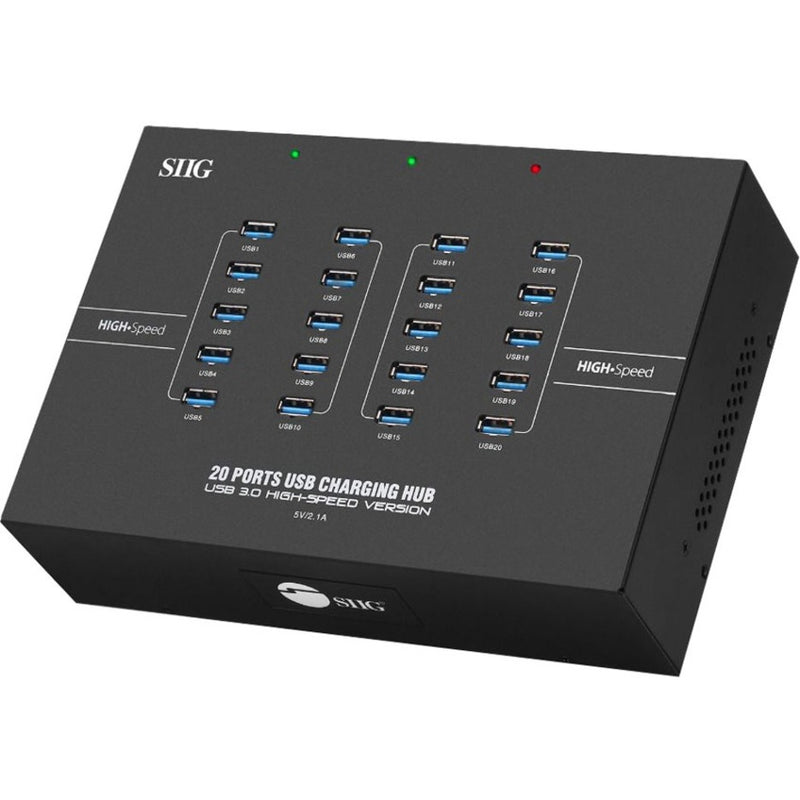 Front view of SIIG 20-Port Industrial USB 3.0 Hub showing organized array of USB ports with LED indicators