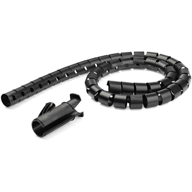 Black spiral cable management sleeve with cable insertion tool showing flexible design