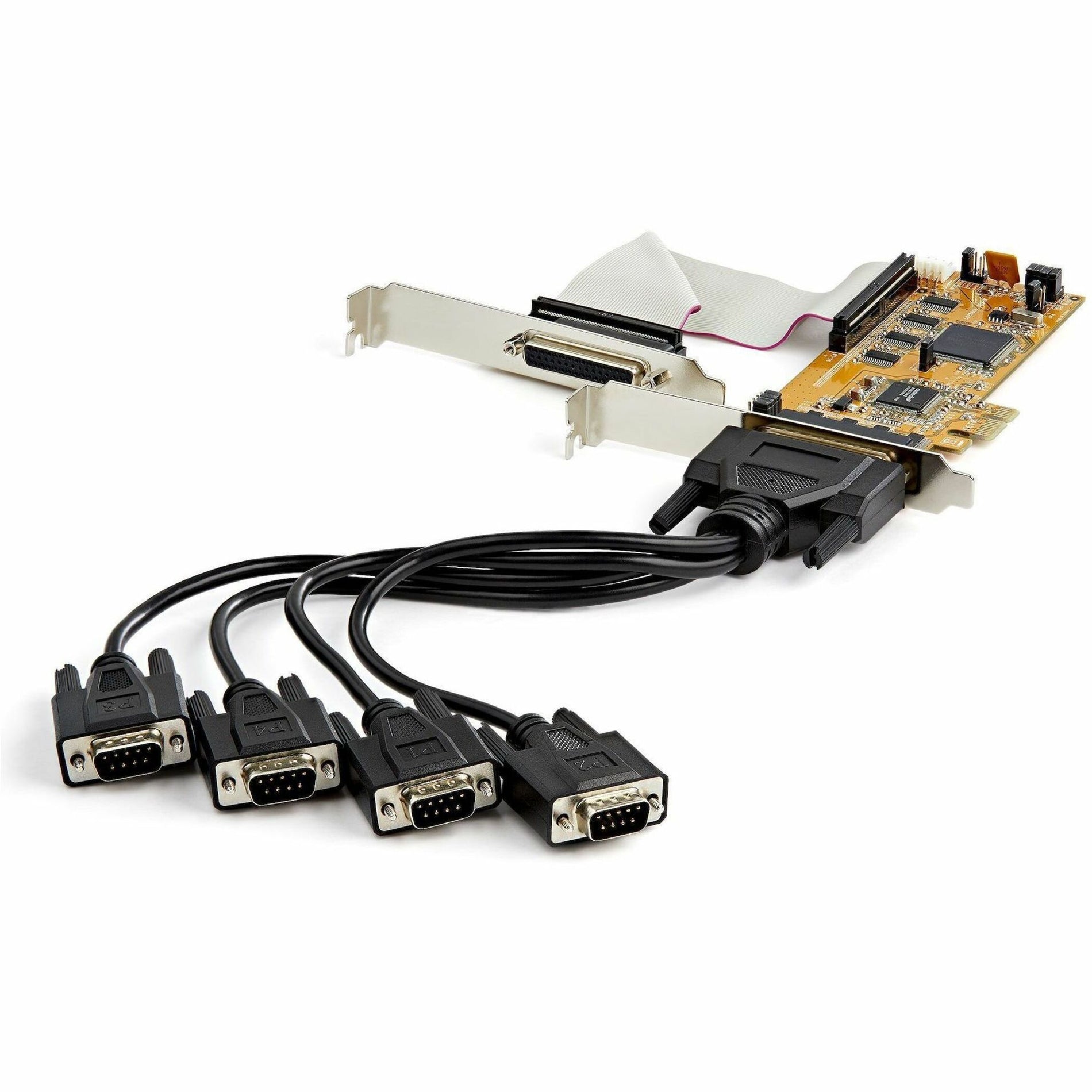 StarTech.com 8-port PCIe serial card with breakout cables showing DB9 connectors and circuit board-alternate-image1