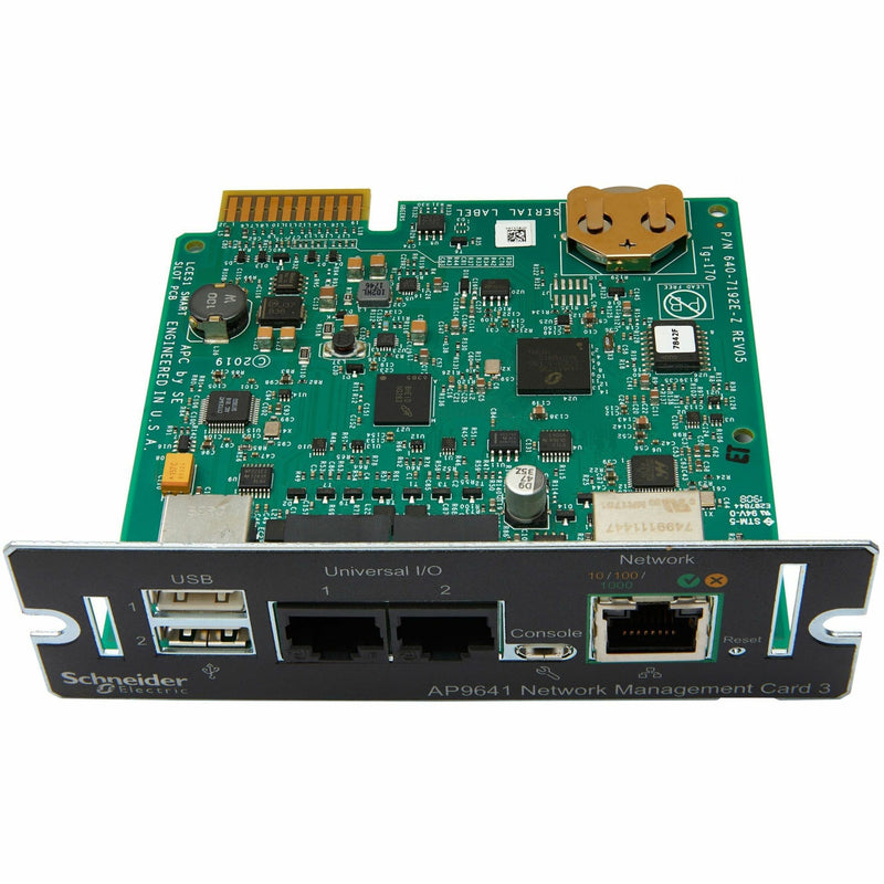 Front view of APC AP9641 Network Management Card 3 showing USB ports, I/O connections, and Ethernet interface with detailed circuit board