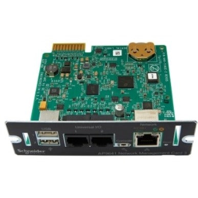 Angled view of APC AP9641 Network Management Card showing circuit board layout and connection ports