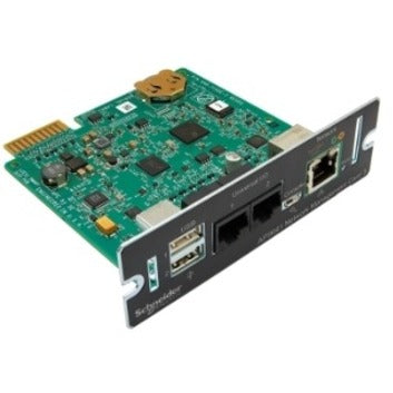 Elevated angle view of APC AP9641 Network Management Card displaying port configuration and circuit board layout