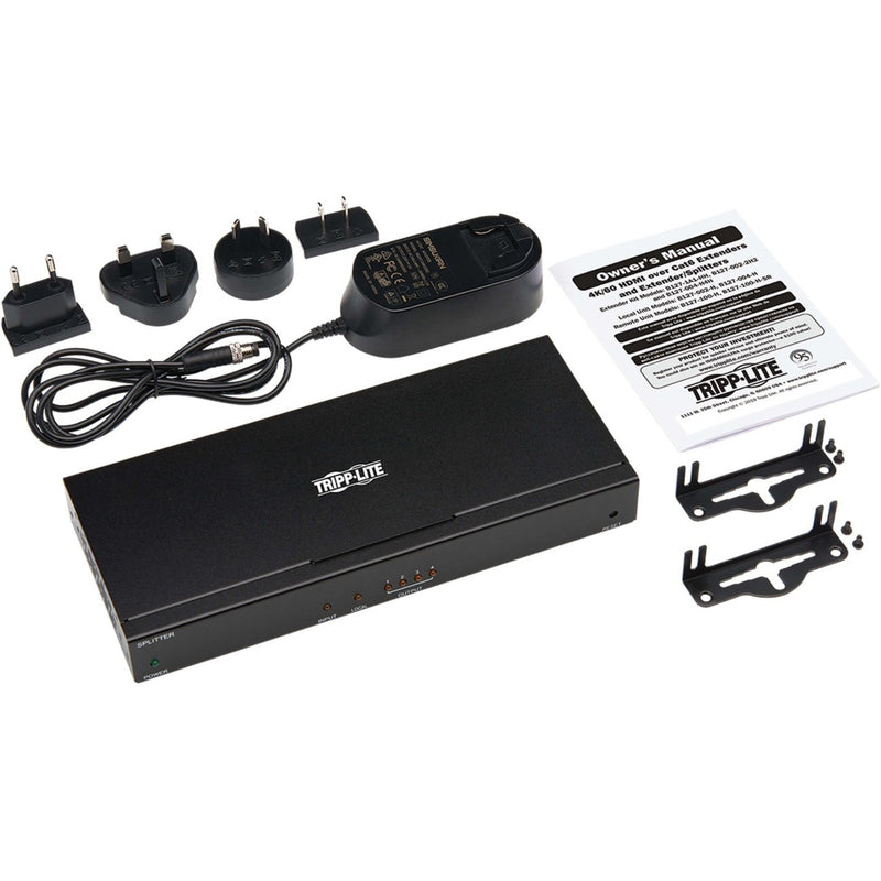 Complete package contents of Tripp Lite B127P-004-H including power adapters, mounting hardware, and documentation