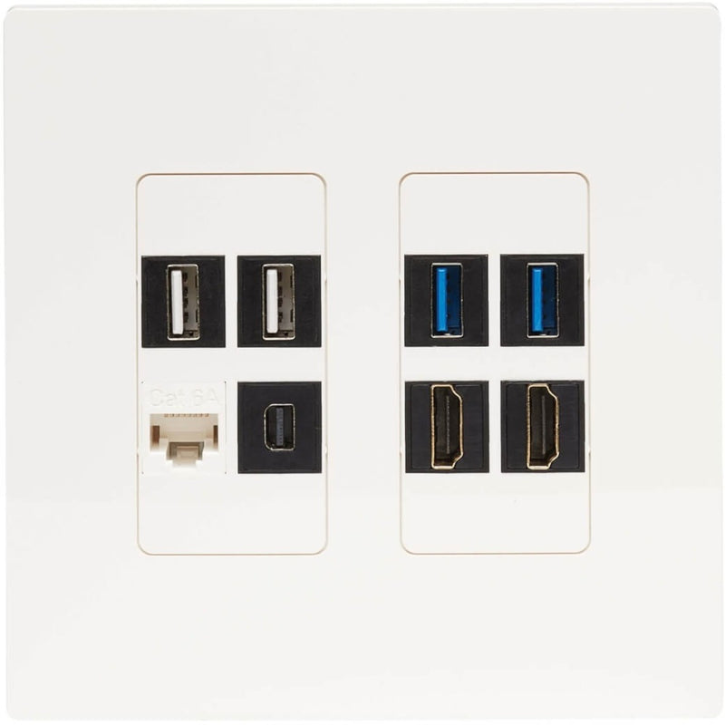 White wall plate populated with various connection types including USB, HDMI, and network ports