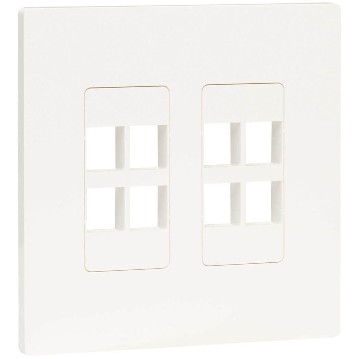 Front view of white double-gang keystone wall plate with eight port openings arranged in two columns-alternate-image1